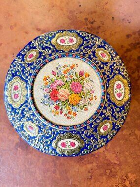 Vintage Container Holland Blue Gold Floral Round Cookie Tin 8”